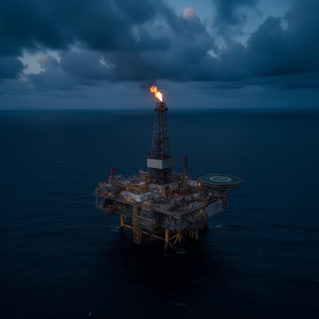Plataforma de petróleo offshore ao entardecer